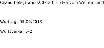 Ceanu belegt am 02.07.2013 Ylva vom Weiten Land    Wurftag: 05.09.2013  Wurfstärke: 0/2