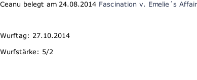 Ceanu belegt am 24.08.2014 Fascination v. Emelie´s Affair    Wurftag: 27.10.2014   Wurfstärke: 5/2