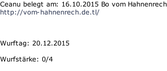 Ceanu belegt am: 16.10.2015 Bo vom Hahnenrech http://vom-hahnenrech.de.tl/    Wurftag: 20.12.2015   Wurfstärke: 0/4