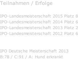 Teilnahmen / Erfolge  IPO-Landesmeisterschaft 2015 Platz 8 IPO-Landesmeisterschaft 2014 Platz 6 IPO-Landesmeisterschaft 2013 Platz 2 IPO-Landesmeisterschaft 2012 Platz 6   IPO Deutsche Meisterschaft 2013 B:78 / C:91 / A: Hund erkrankt